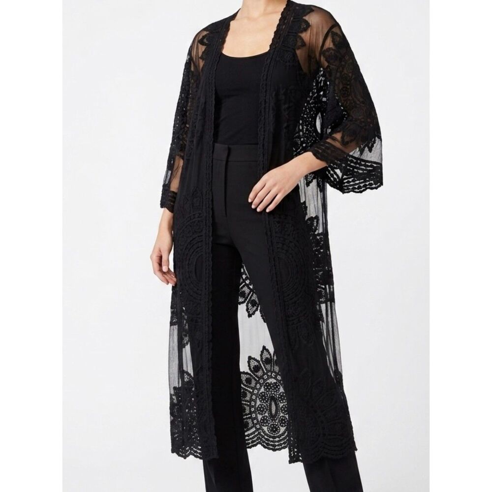 Sheer Medallion Lace Rachel Zoe Black Mesh Kimono Duster One‎ Size